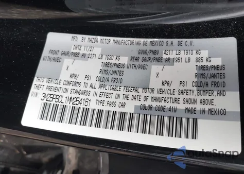 2021 Mazda Mazda3 Preferred z USA, uszkodzony, nr VIN 3MZBPBCL1MM254161